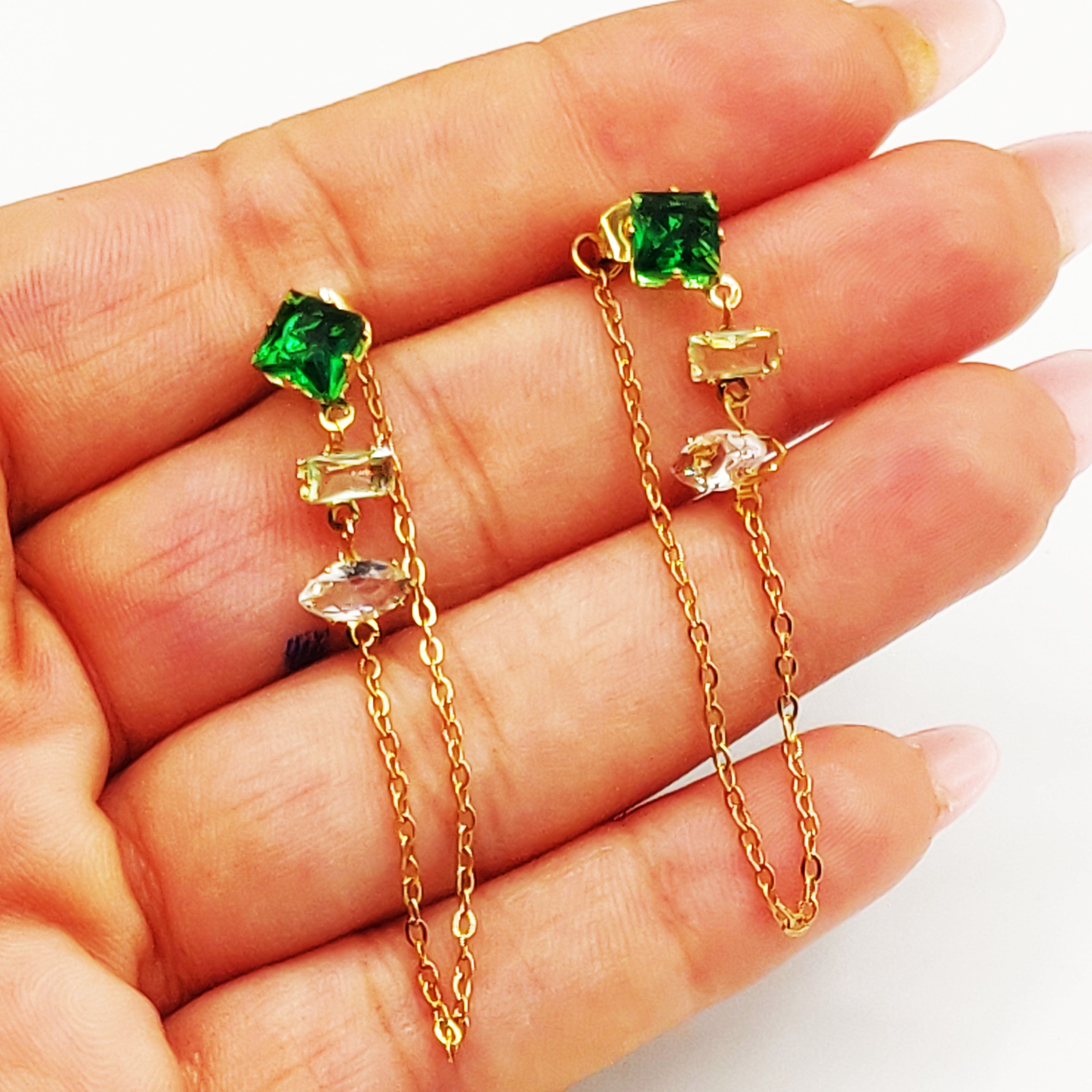 Boucles d'oreilles Multi Cristaux Rectangles Verts et Blancs Luxe
