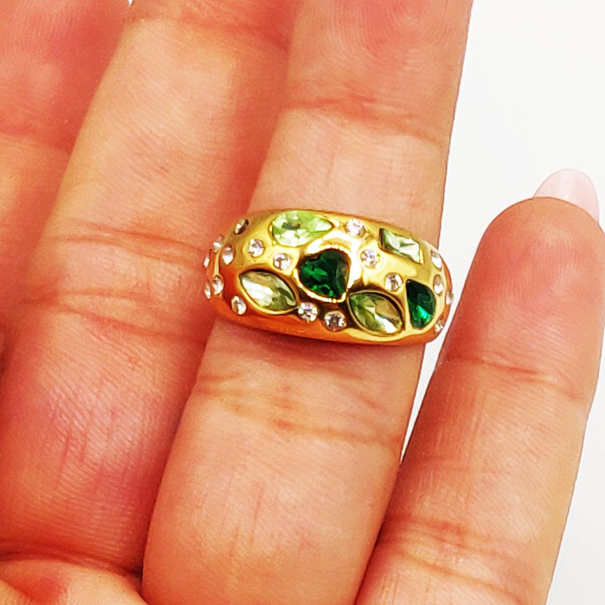 Bague Cristaux Multiformes Verts et Transparents Luxe