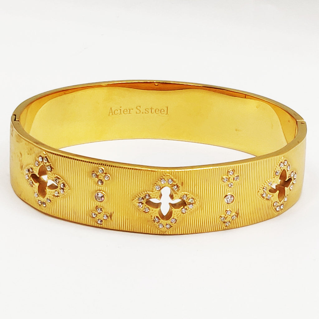 Bracelet Rigide Lignes Trèfles Incrustés Cristaux Luxe
