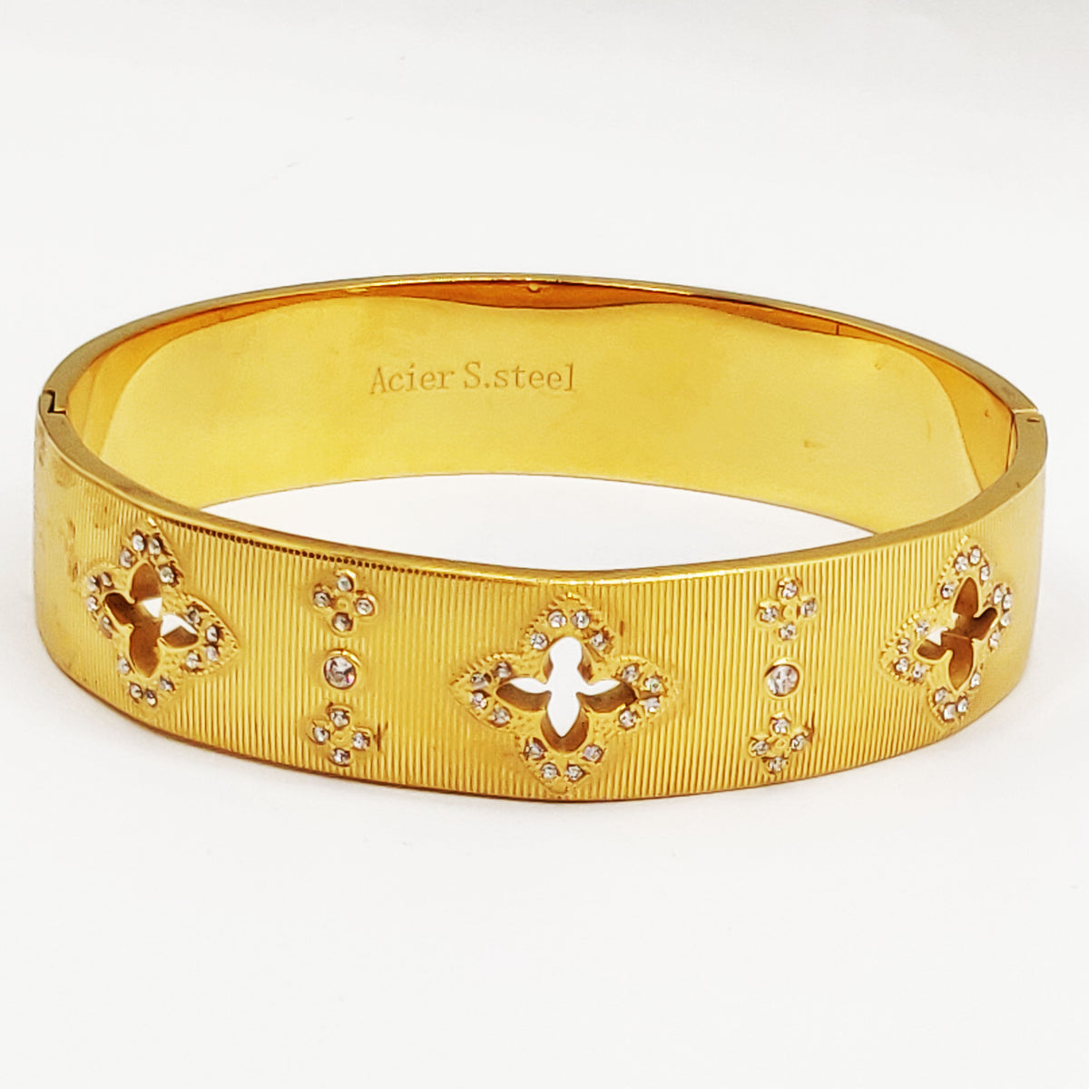 Bracelet Rigide Lignes Trèfles Incrustés Cristaux Luxe