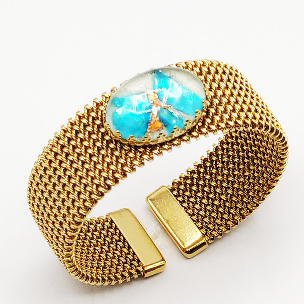 Bracelet Rigide Maille Pierre Ovale Bleue Luxe