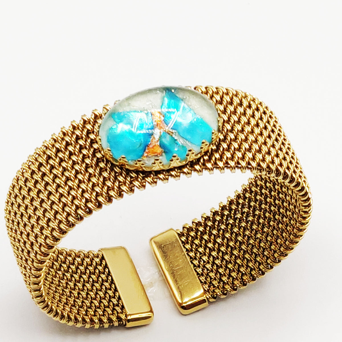 Bracelet Rigide Maille Pierre Ovale Bleue Luxe