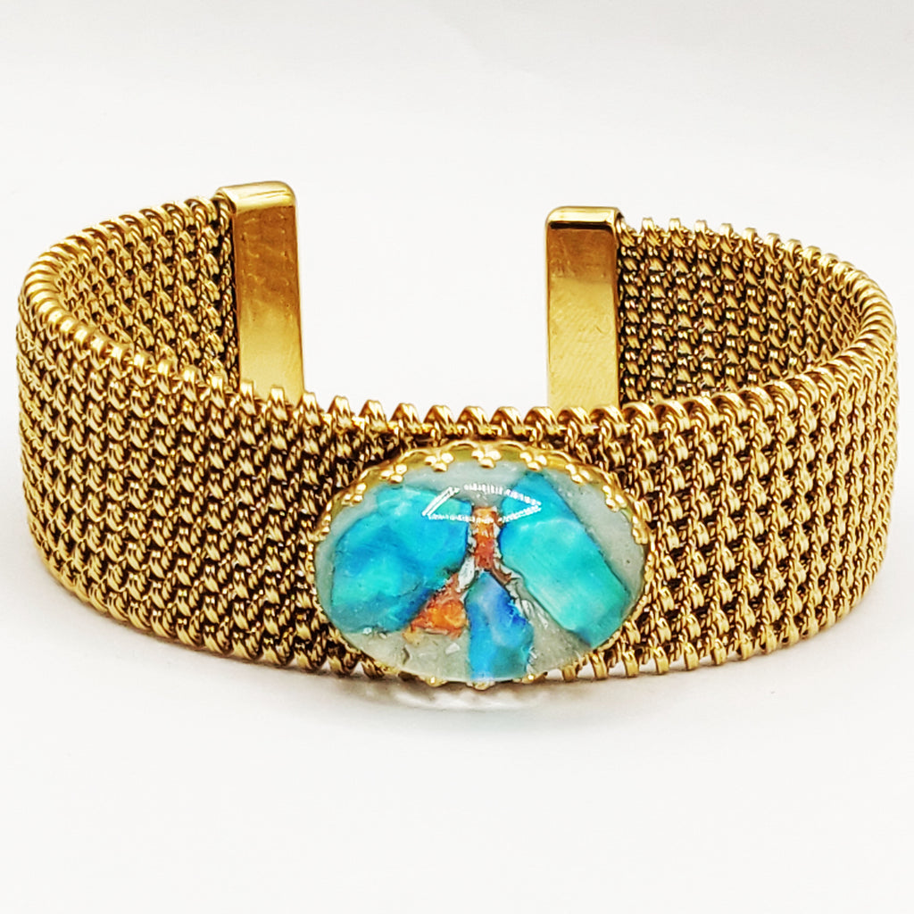 Bracelet Rigide Maille Pierre Ovale Bleue Luxe