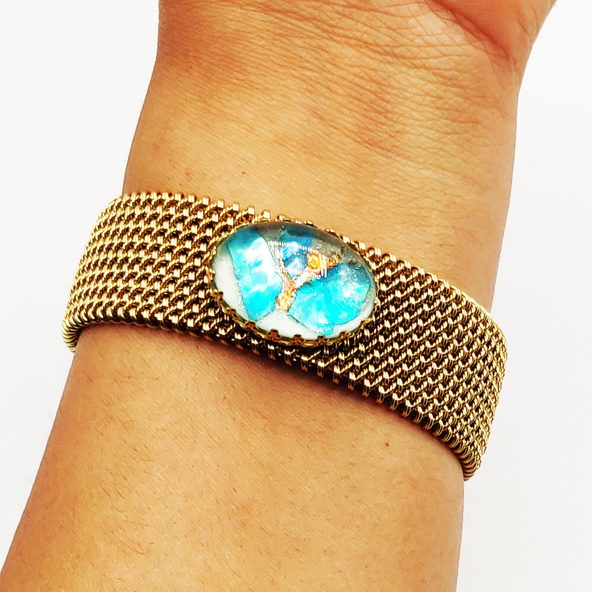 Bracelet Rigide Maille Pierre Ovale Bleue Luxe
