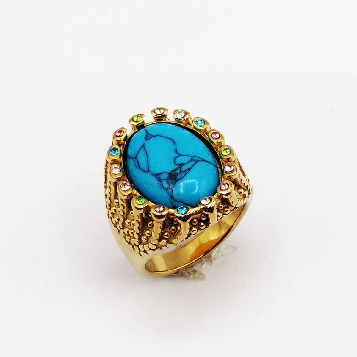 Bague Pierre Ovale Bleue Tour Cristaux Multicolores Luxe