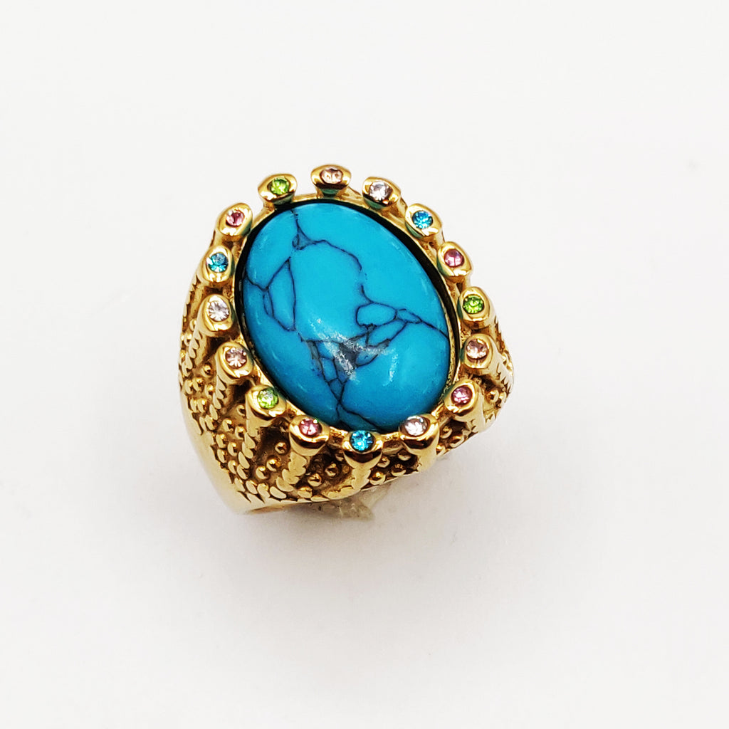 Bague Pierre Ovale Bleue Tour Cristaux Multicolores Luxe
