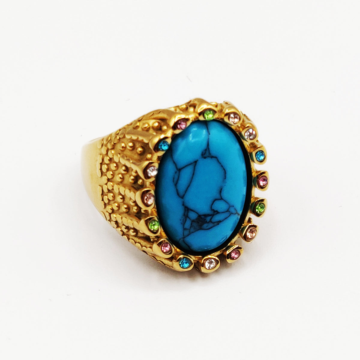 Bague Pierre Ovale Bleue Tour Cristaux Multicolores Luxe