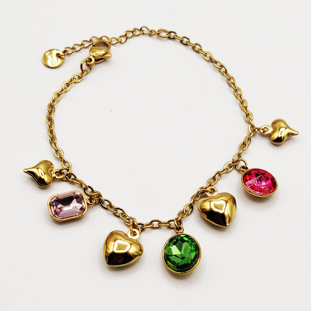 Bracelet Cristaux Multicolores et Coeurs Bombés Luxe