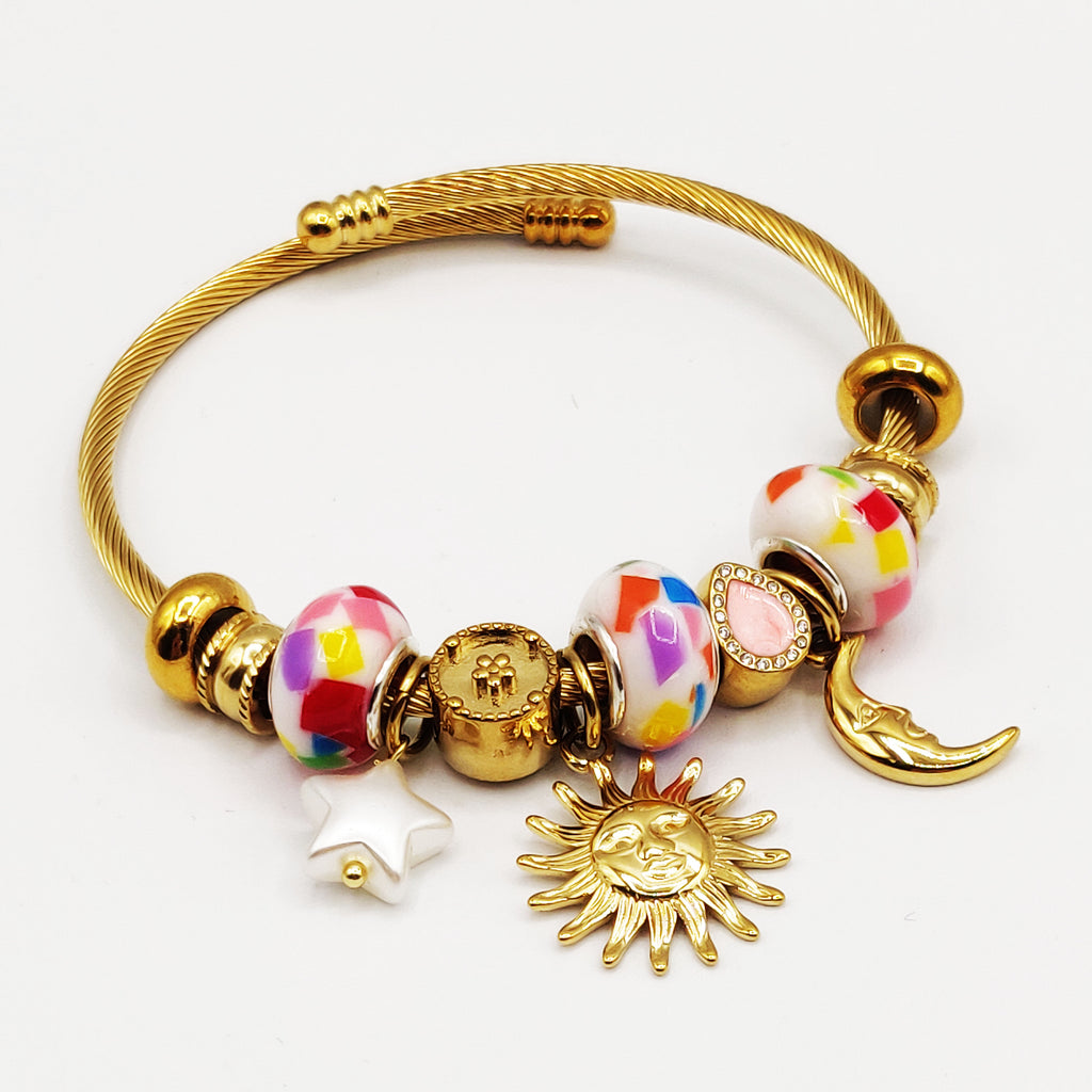 Bracelet Rigide Charmes Soleil, Lune et Étoile Luxe