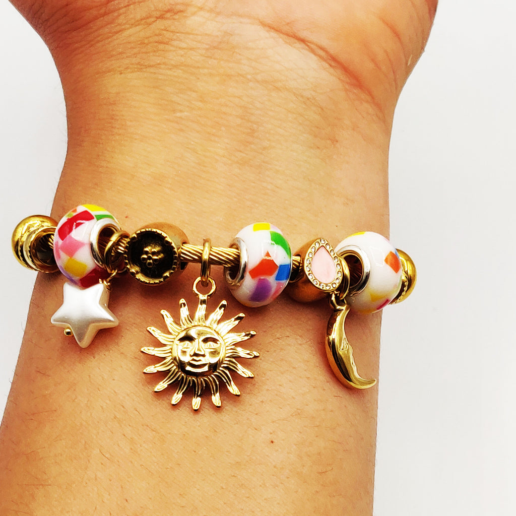 Bracelet Rigide Charmes Soleil, Lune et Étoile Luxe