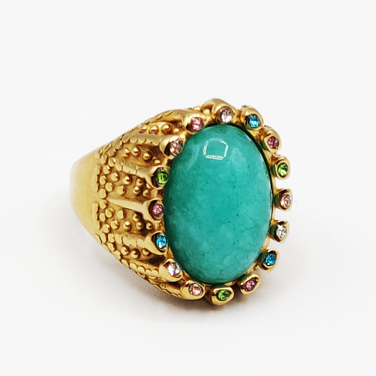 Bague Pierre Ovale Vert Clair Tour Cristaux Multicolores Luxe