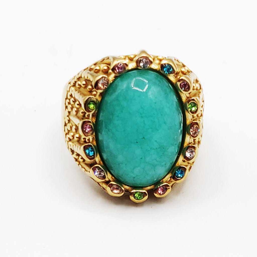 Bague Pierre Ovale Vert Clair Tour Cristaux Multicolores Luxe