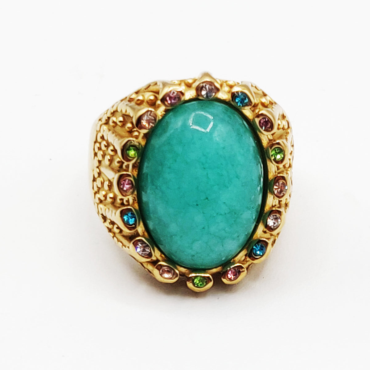 Bague Pierre Ovale Vert Clair Tour Cristaux Multicolores Luxe