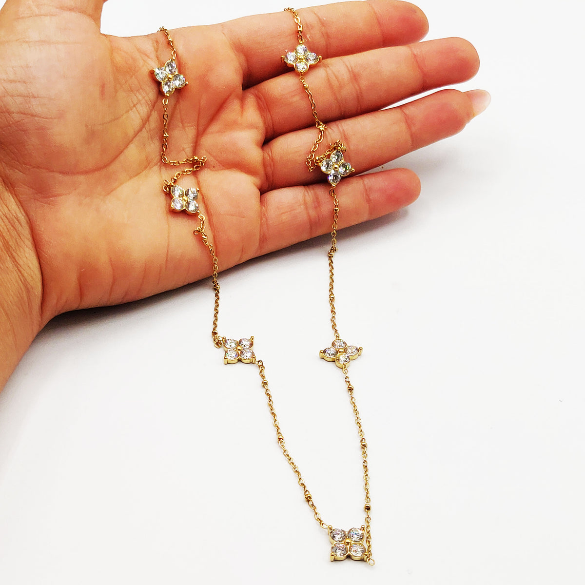 Collier / Sautoir Trèfles 4 Cristaux Ronds Luxe
