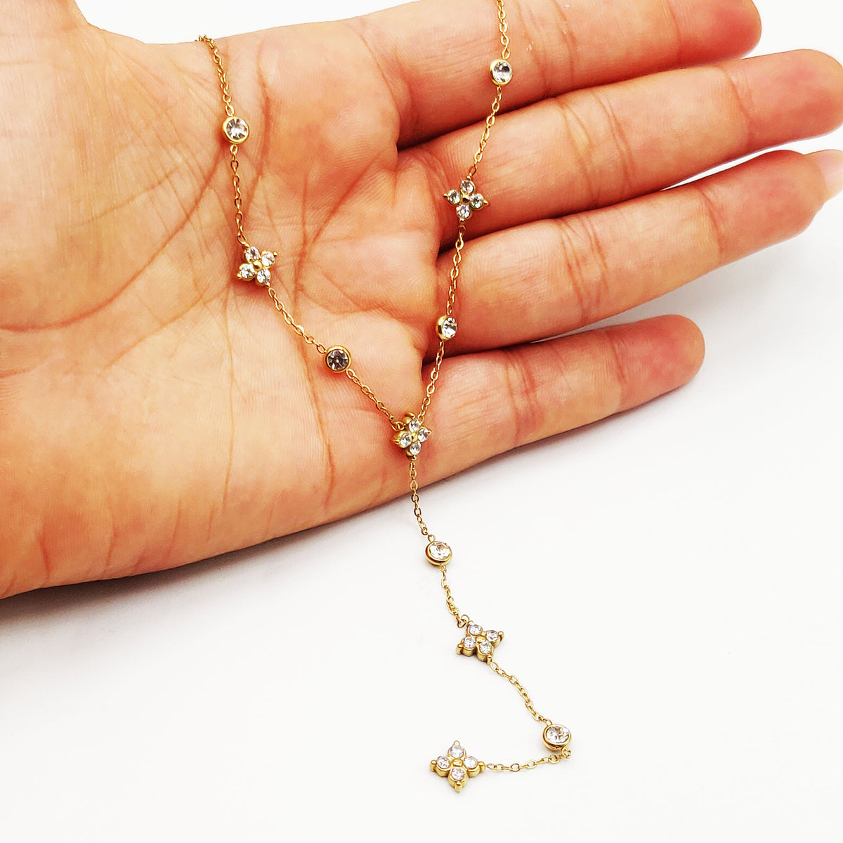 Collier Trèfles 4 Cristaux Ronds Luxe Descendant