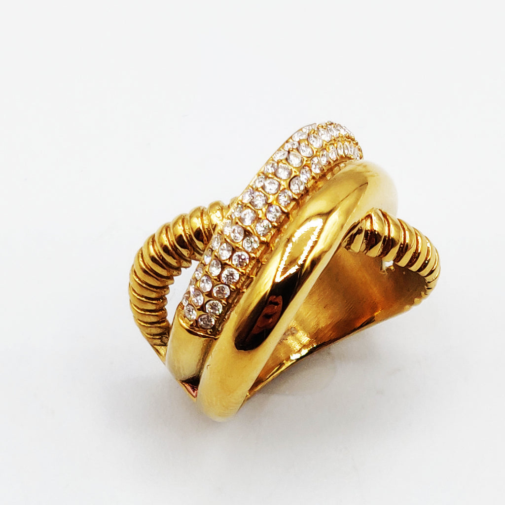 Bague Triple Lignes Torsade, Dorée et Cristaux Luxe