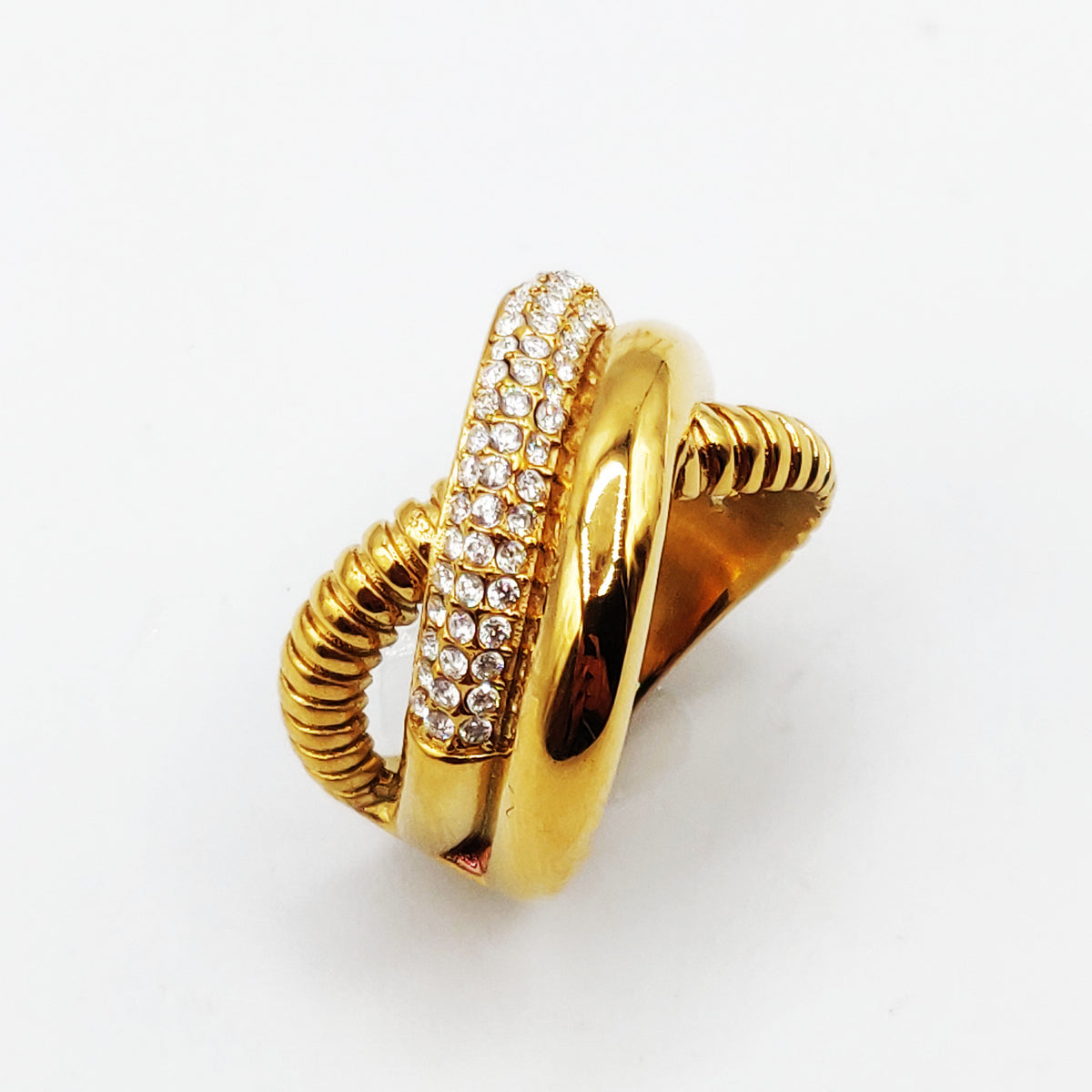 Bague Triple Lignes Torsade, Dorée et Cristaux Luxe