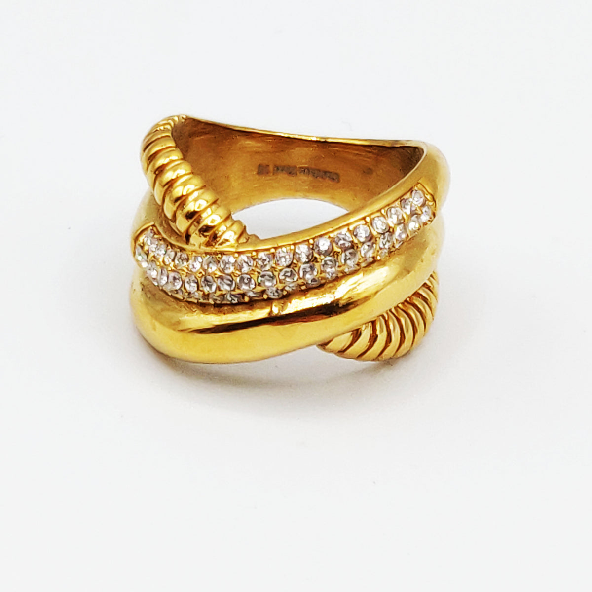 Bague Triple Lignes Torsade, Dorée et Cristaux Luxe