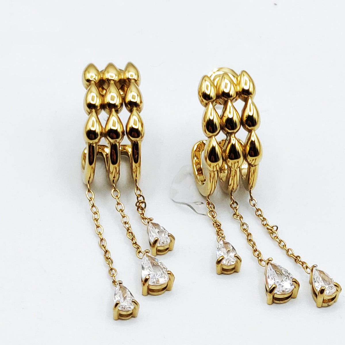 Boucles d'oreilles Triple Lignes Gouttes et Pendentifs Cristaux Luxe