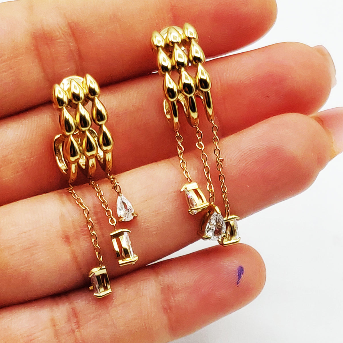 Boucles d'oreilles Triple Lignes Gouttes et Pendentifs Cristaux Luxe