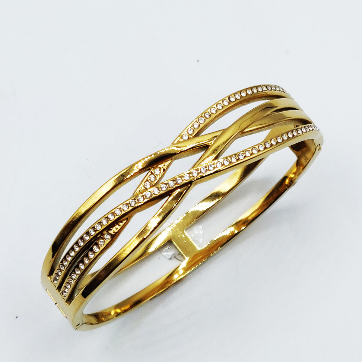 Bracelet Rigide 4 Lignes Dorées et Cristaux Croisées Luxe