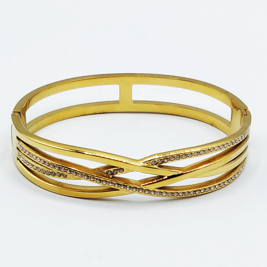 Bracelet Rigide 4 Lignes Dorées et Cristaux Croisées Luxe