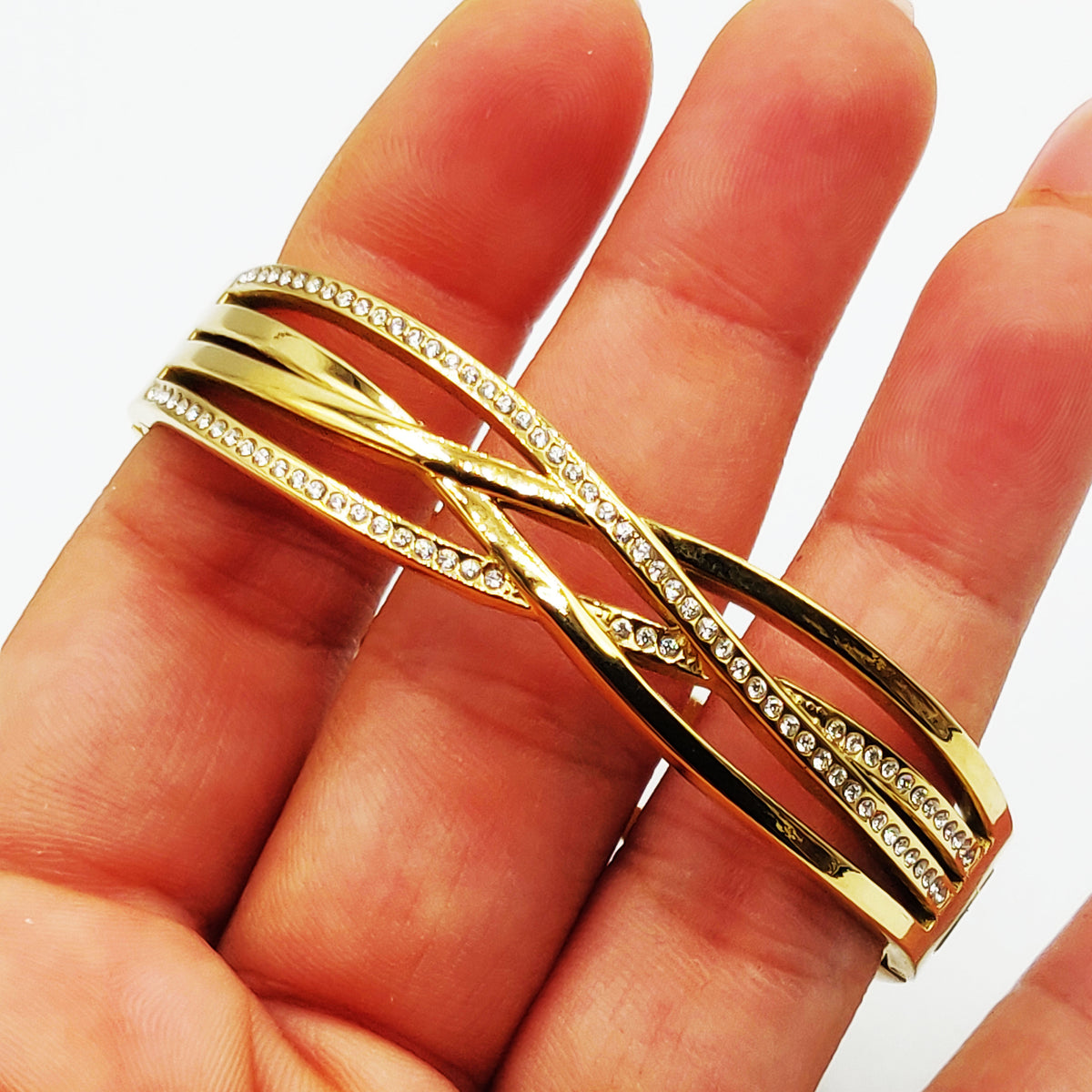 Bracelet Rigide 4 Lignes Dorées et Cristaux Croisées Luxe