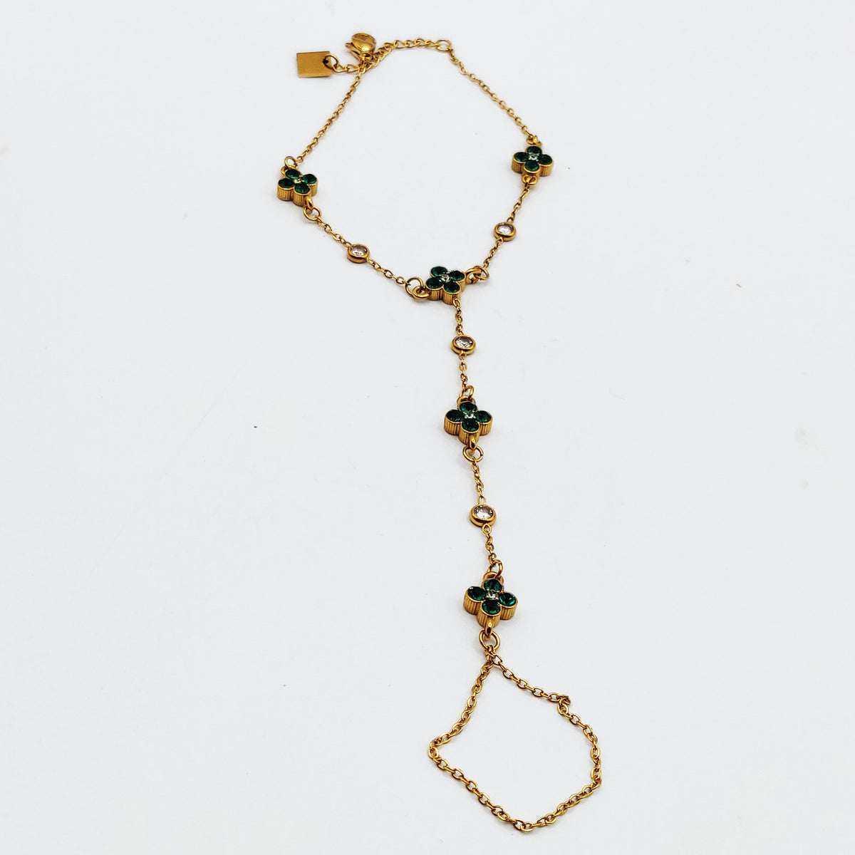 Bracelet / Chaîne de Main Multi Trèfles 4 Cristaux Ronds Verts Luxe