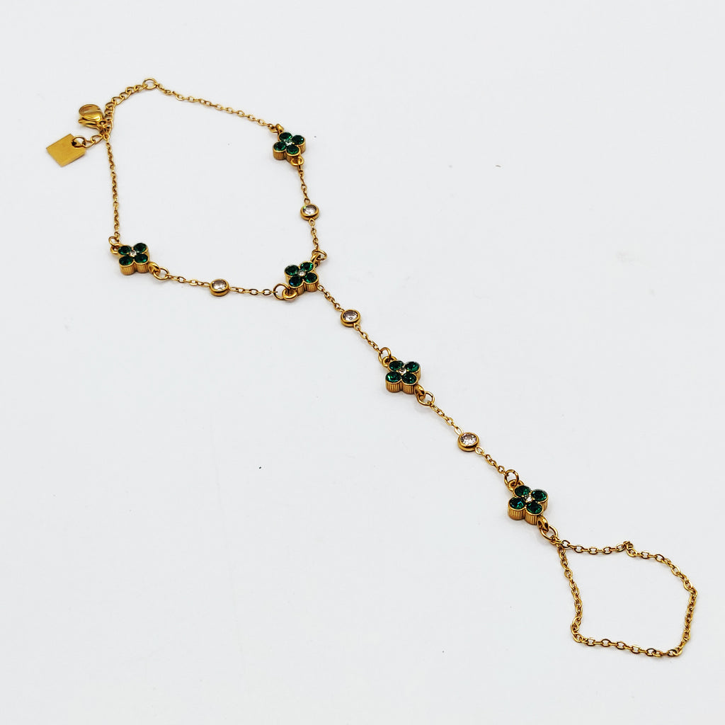 Bracelet / Chaîne de Main Multi Trèfles 4 Cristaux Ronds Verts Luxe
