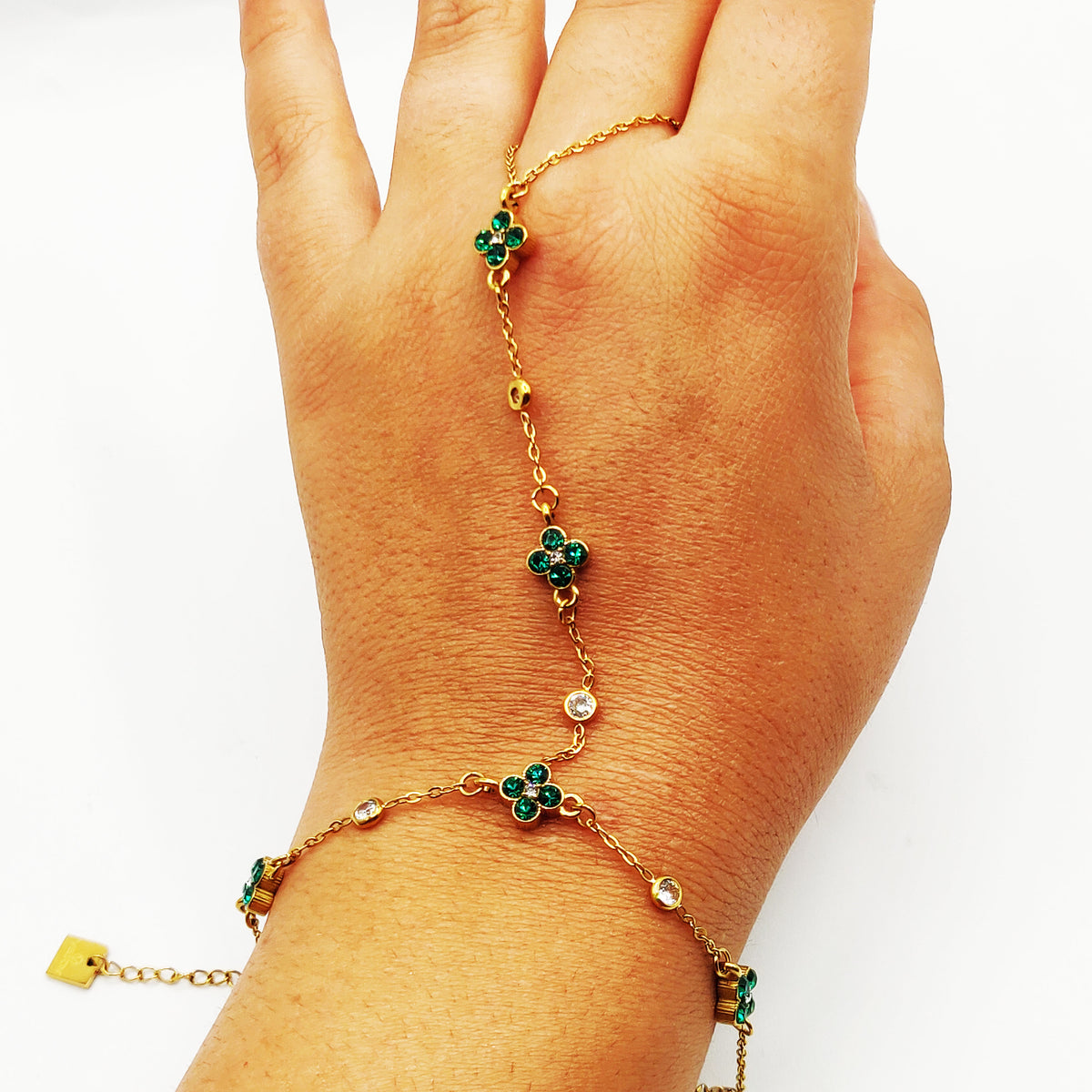Bracelet / Chaîne de Main Multi Trèfles 4 Cristaux Ronds Verts Luxe