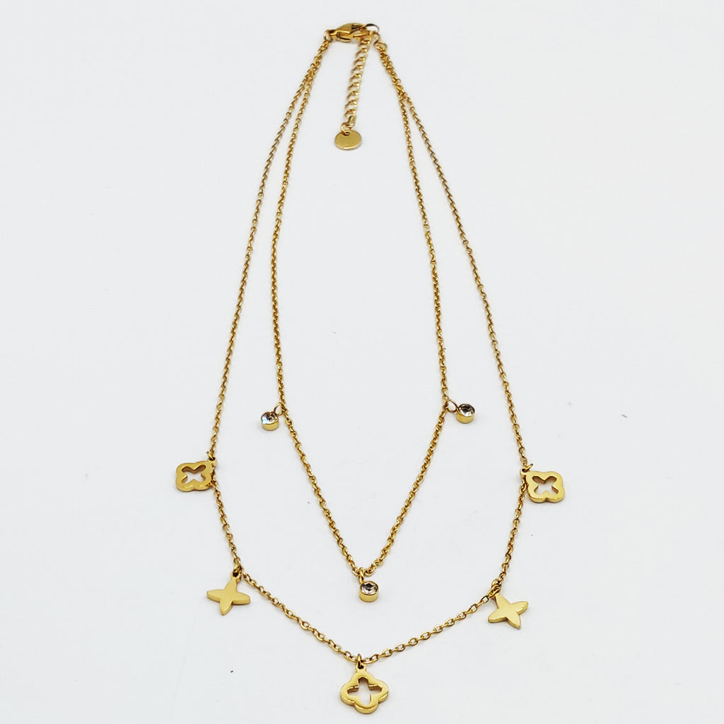 Collier Double Trèfles Multi Formes et Cristaux Ronds Luxe