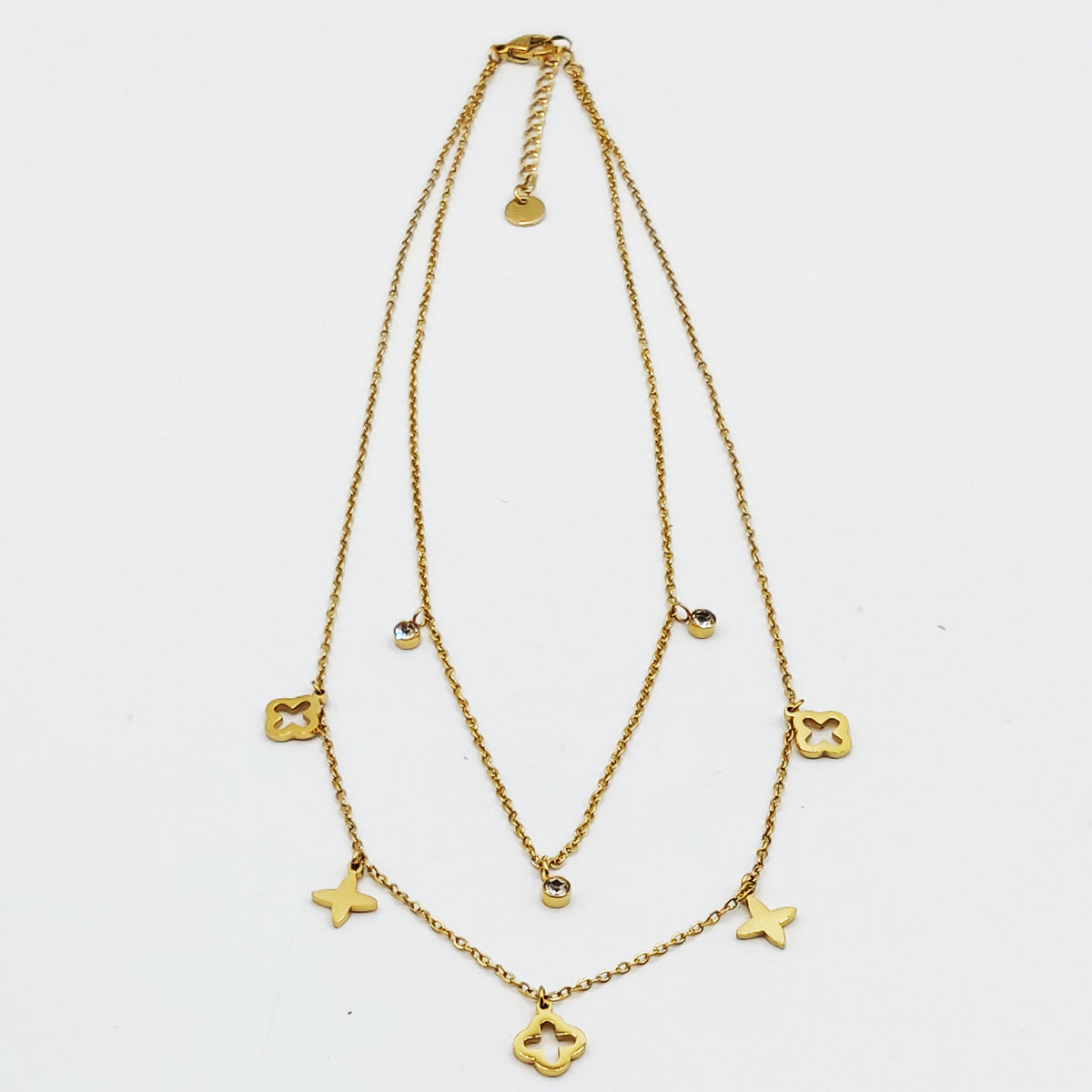 Collier Double Trèfles Multi Formes et Cristaux Ronds Luxe