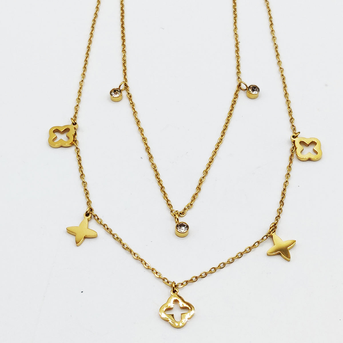 Collier Double Trèfles Multi Formes et Cristaux Ronds Luxe