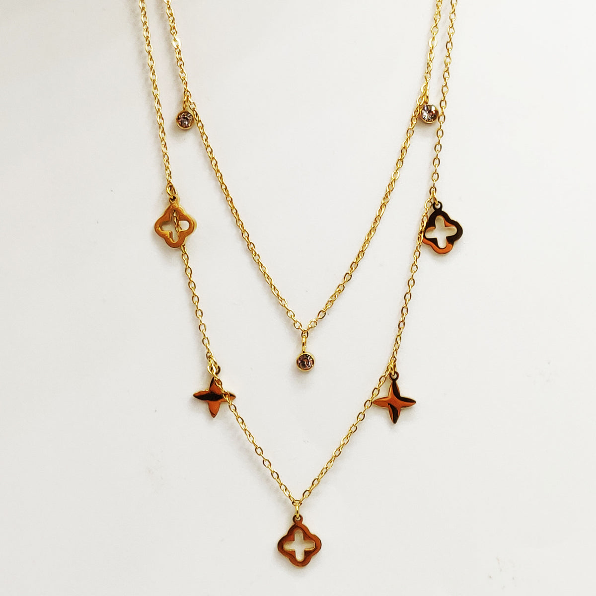 Collier Double Trèfles Multi Formes et Cristaux Ronds Luxe