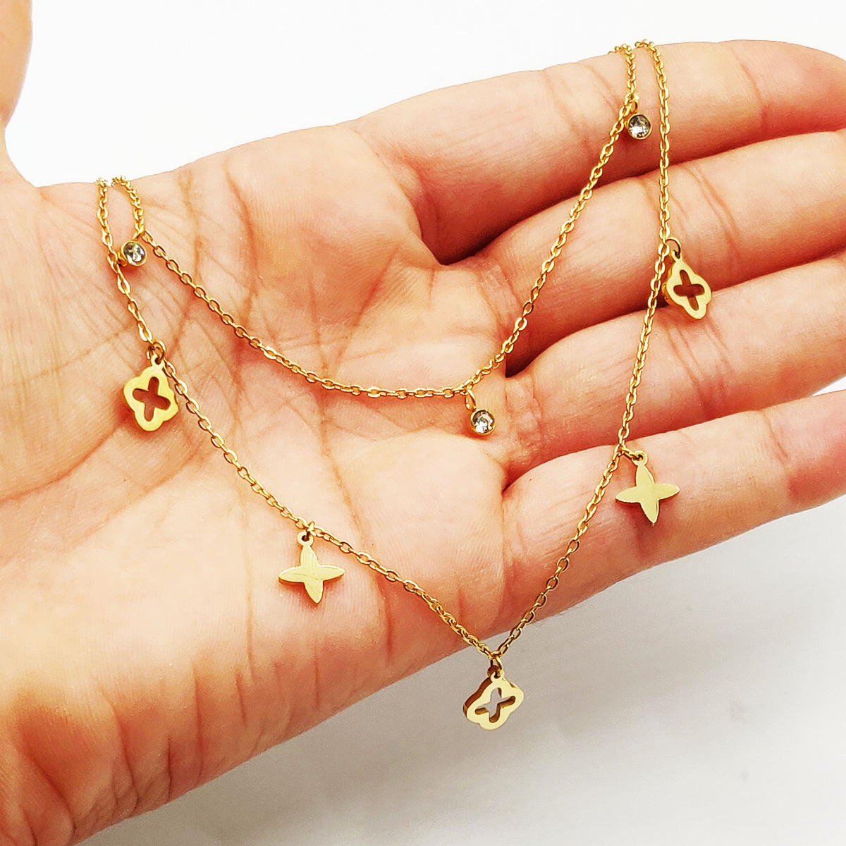 Collier Double Trèfles Multi Formes et Cristaux Ronds Luxe