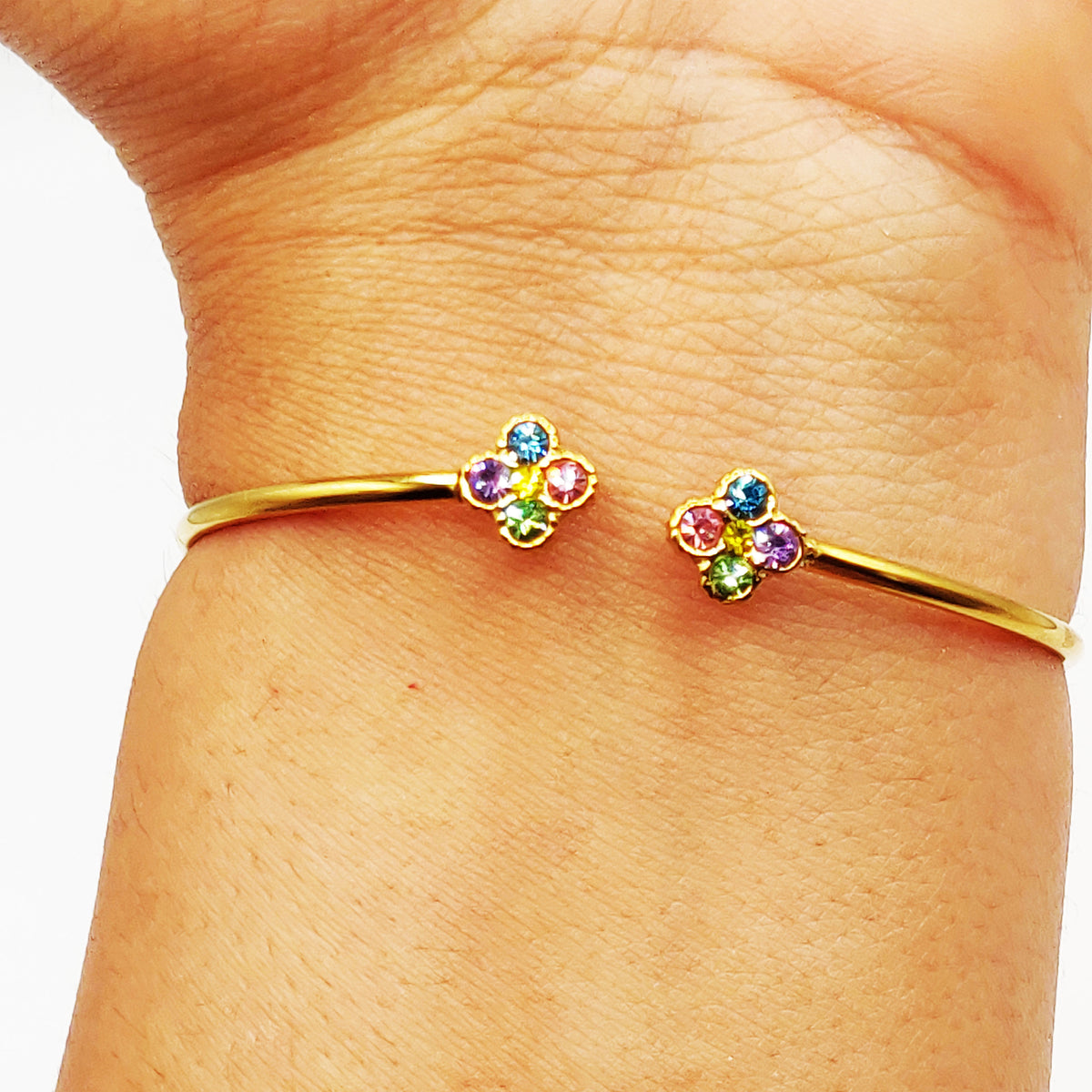 Bracelet Rigide Double Trèfles 4 Cristaux Multicolores Luxe