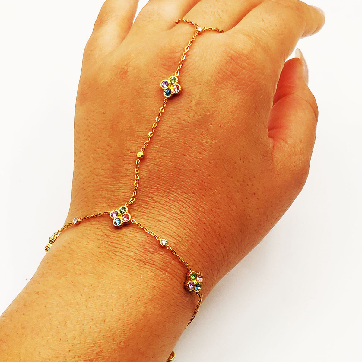Bracelet / Chaîne de Main Trèfles 4 Cristaux Multicolores Luxe
