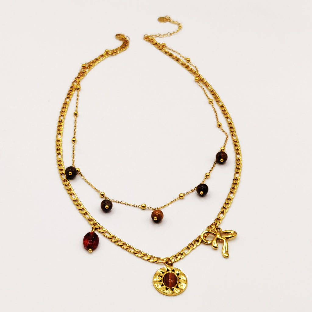 Collier Double Pendentifs Perles d'imitation Marrons