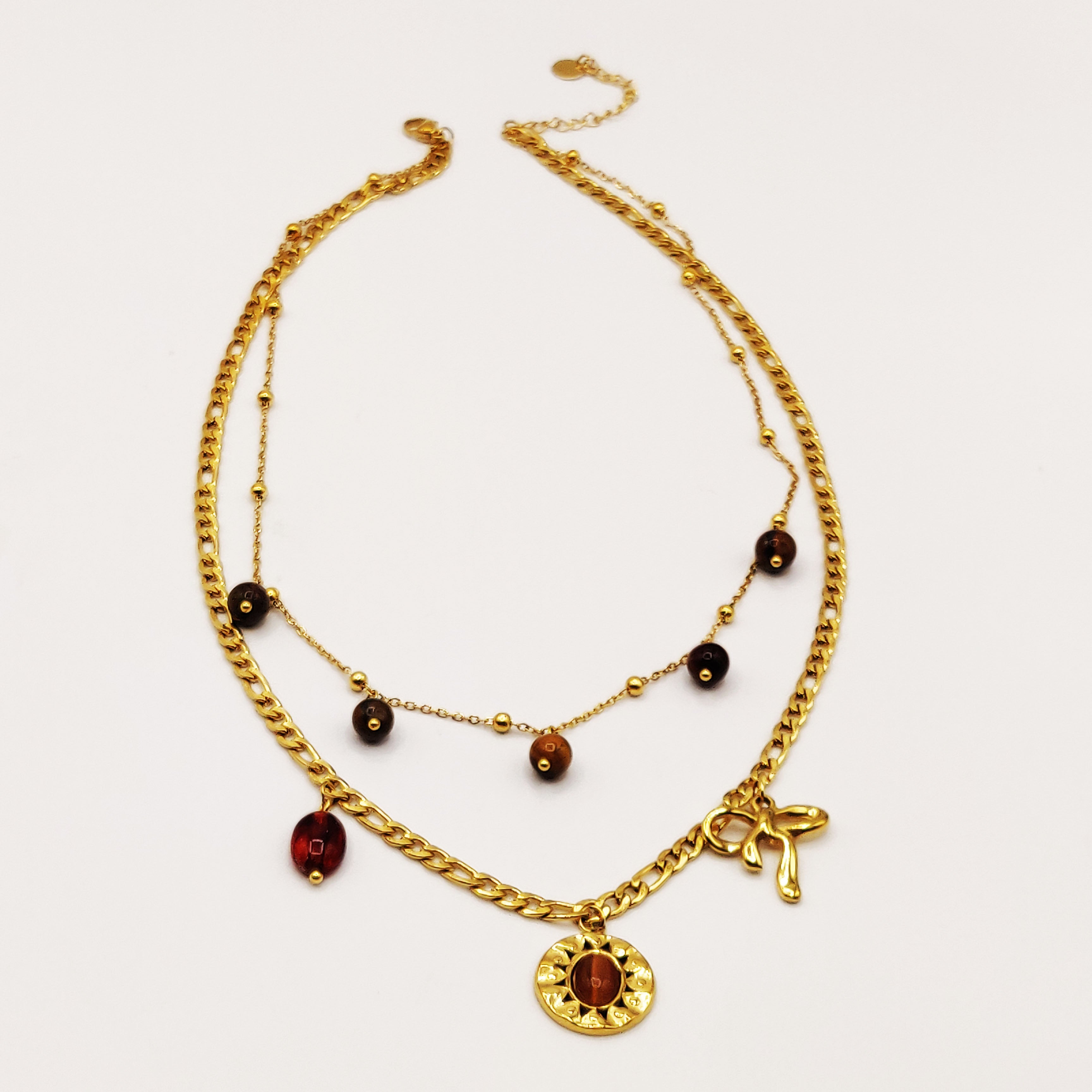 Collier Double Pendentifs Perles d'imitation Marrons