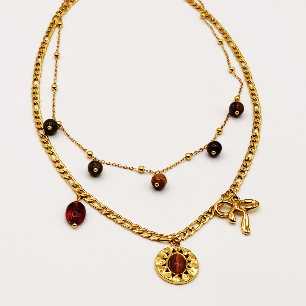 Collier Double Pendentifs Perles d'imitation Marrons
