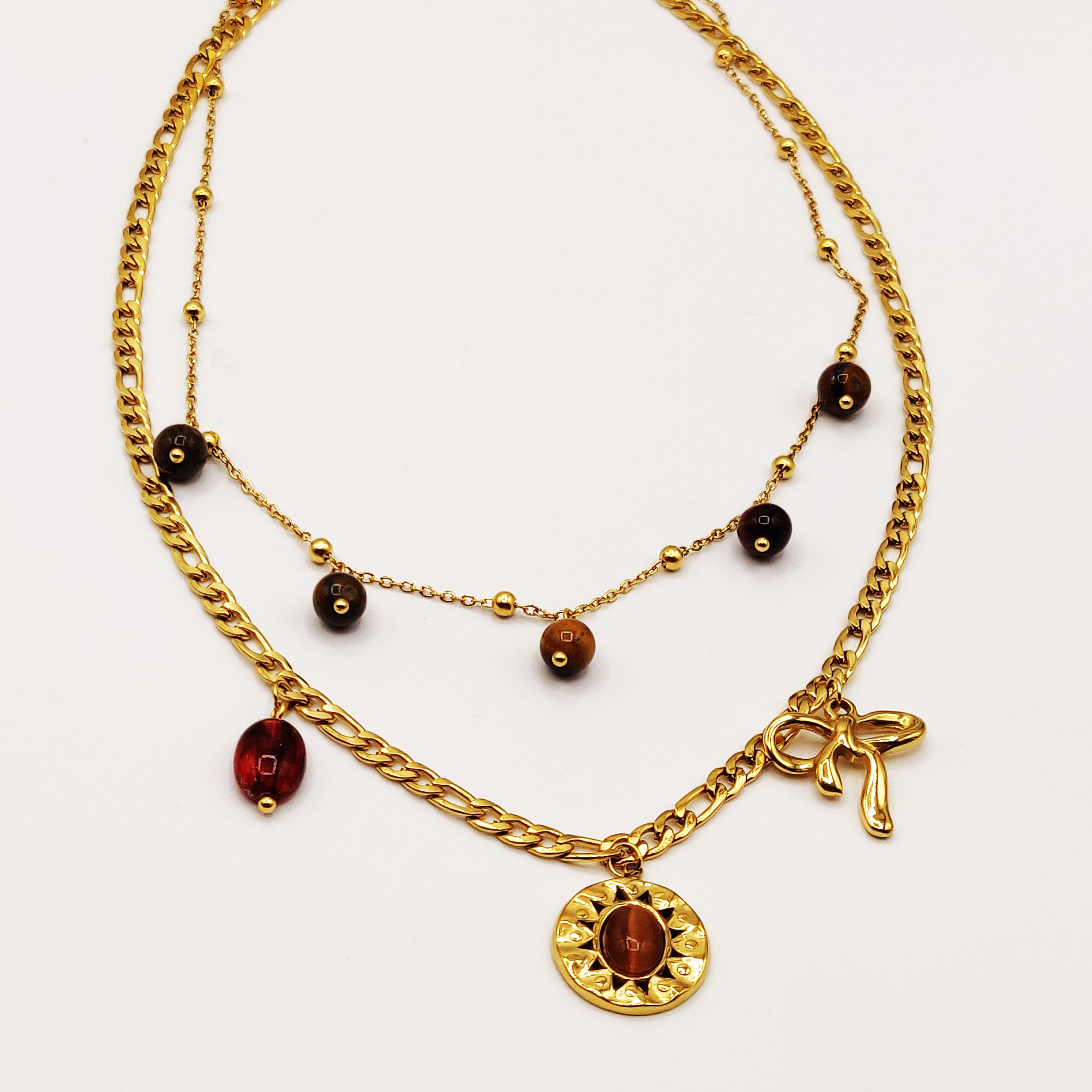 Collier Double Pendentifs Perles d'imitation Marrons