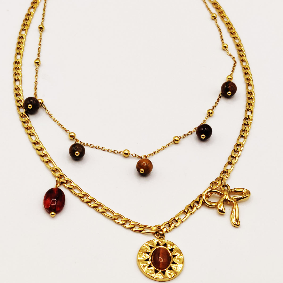 Collier Double Pendentifs Perles d'imitation Marrons