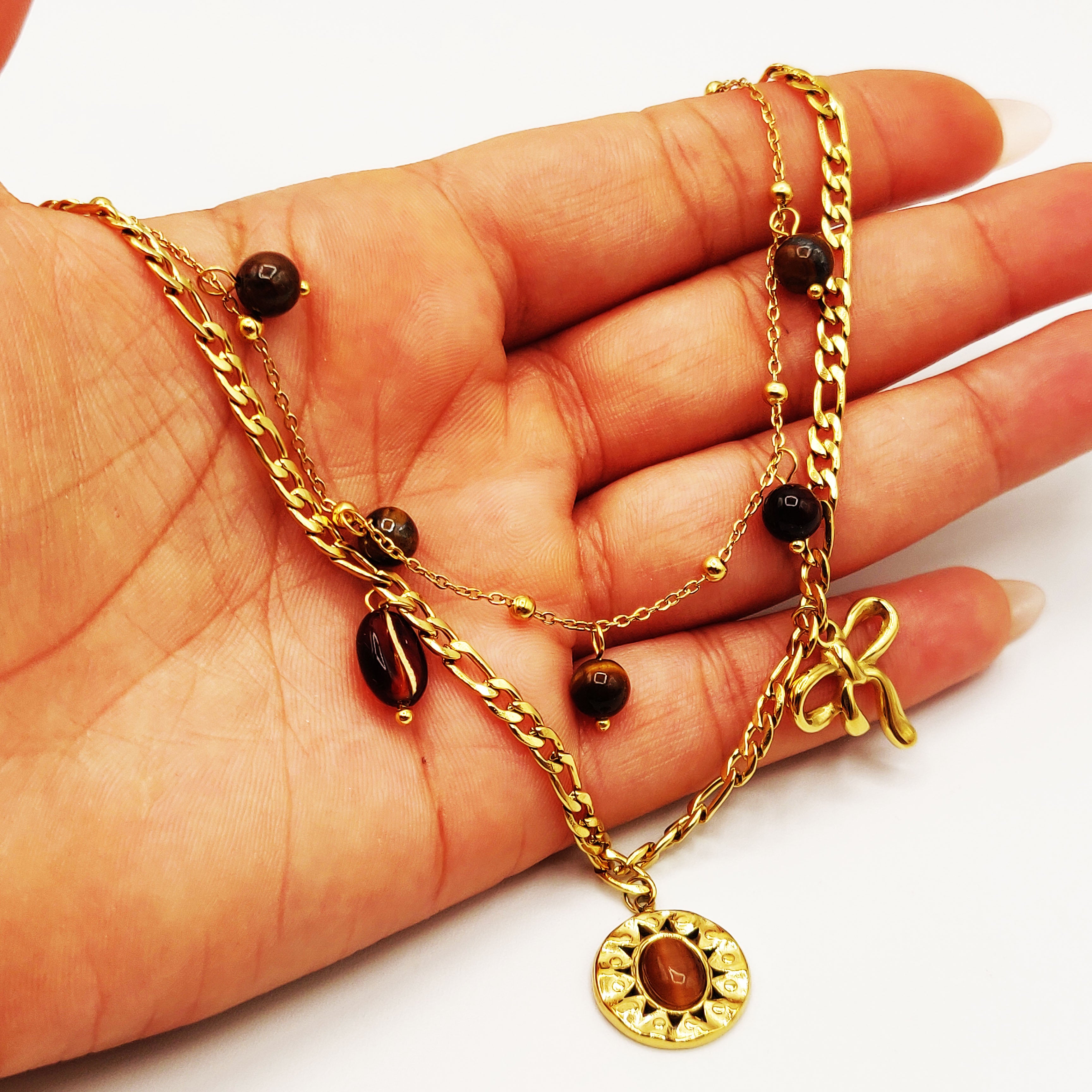 Collier Double Pendentifs Perles d'imitation Marrons