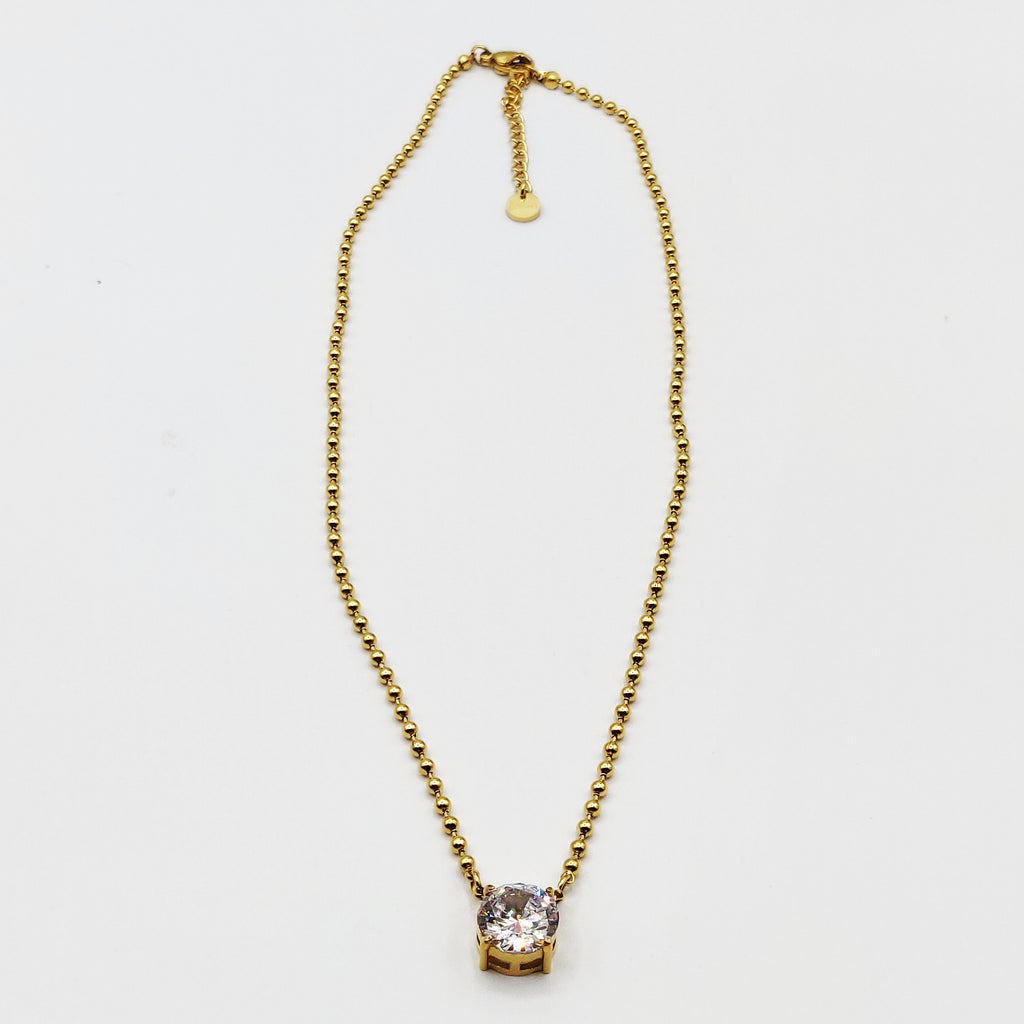 Collier Chaîne en Perles d'imitation Dorées Gros Cristal Rond Luxe
