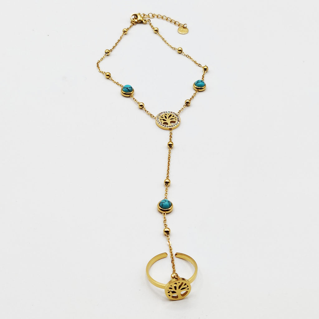 Bracelet / Chaîne de Main avec Bague Eden et Pierres Bleues Luxe
