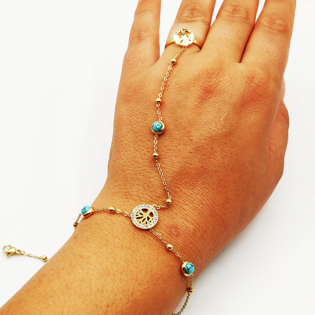 Bracelet / Chaîne de Main avec Bague Eden et Pierres Bleues Luxe