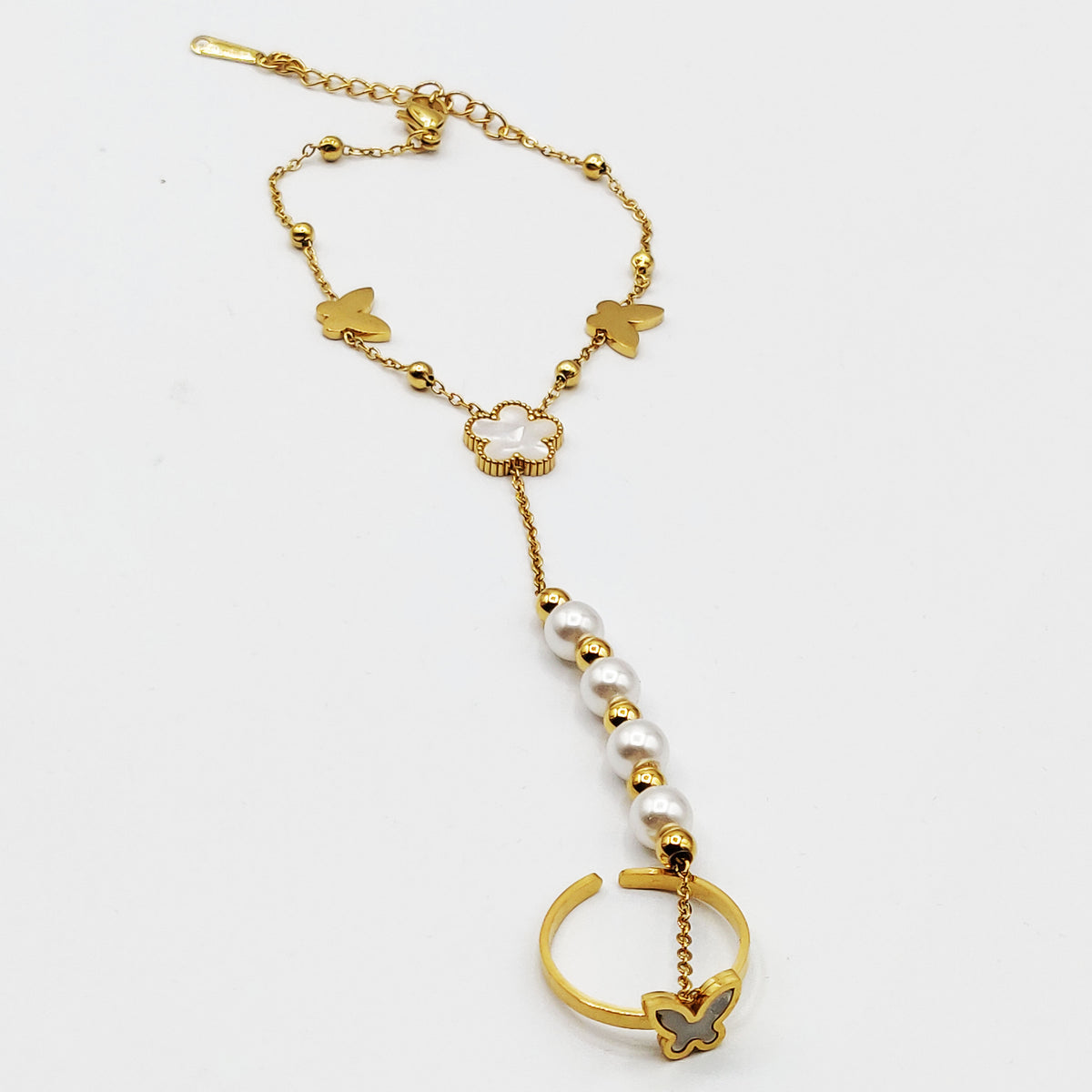 Bracelet / Chaîne de Main avec Bague Papillons et Marguerite Blanche Luxe