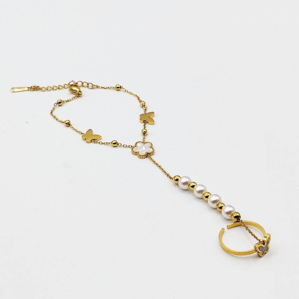 Bracelet / Chaîne de Main avec Bague Papillons et Marguerite Blanche Luxe