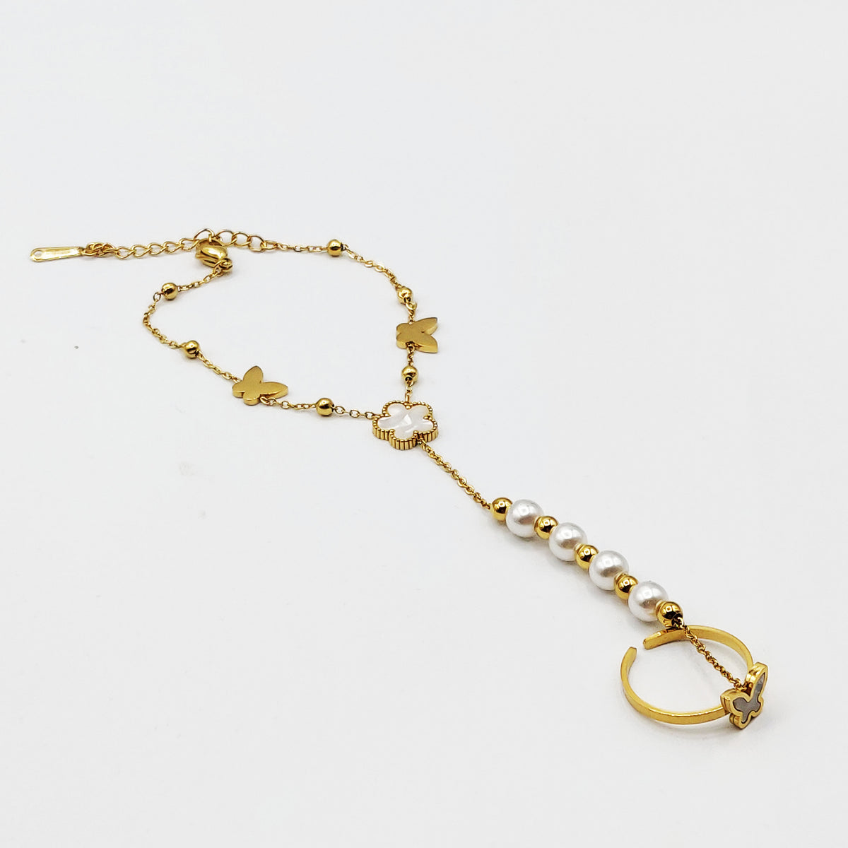 Bracelet / Chaîne de Main avec Bague Papillons et Marguerite Blanche Luxe