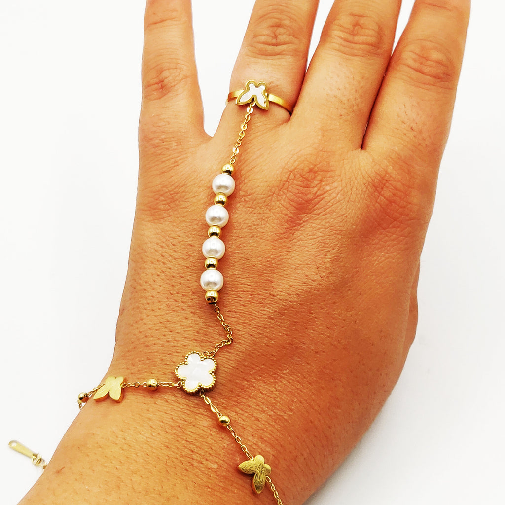 Bracelet / Chaîne de Main avec Bague Papillons et Marguerite Blanche Luxe